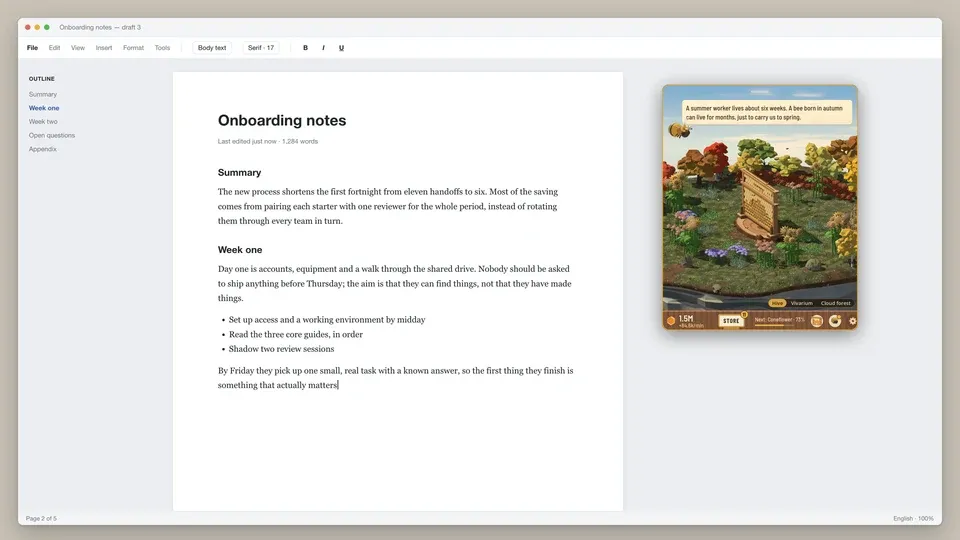 The game’s small window, showing the meadow island in autumn, beside a text document someone is writing