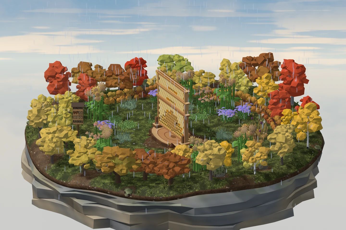 The meadow island in autumn rain, trees turned orange and red