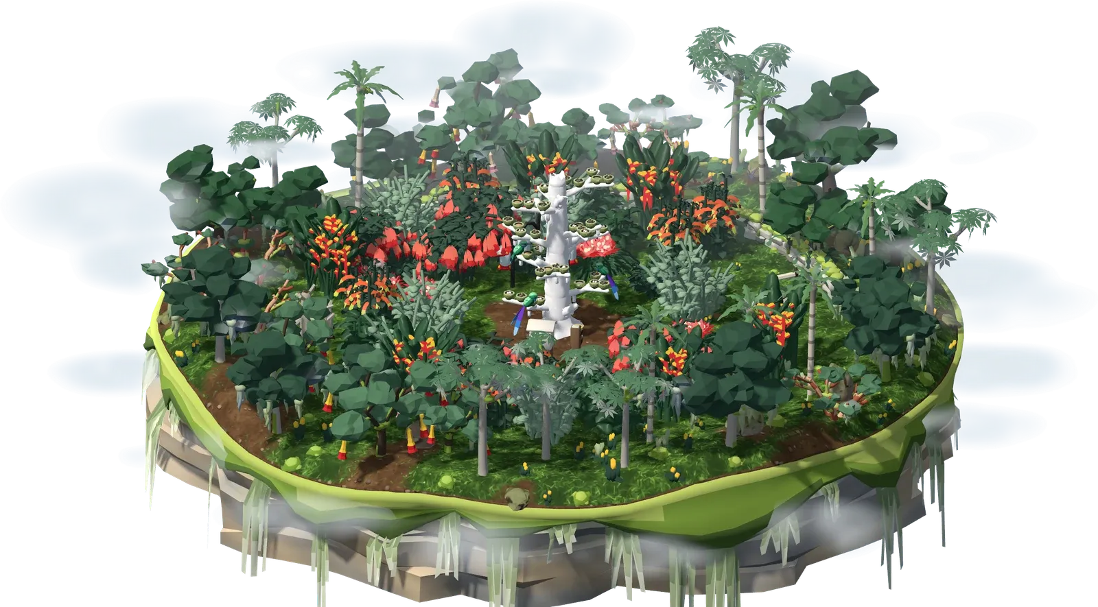 The cloud forest: a mossy floating island in mist with a tall white nest snag, red heliconias, fuchsias and wax palms