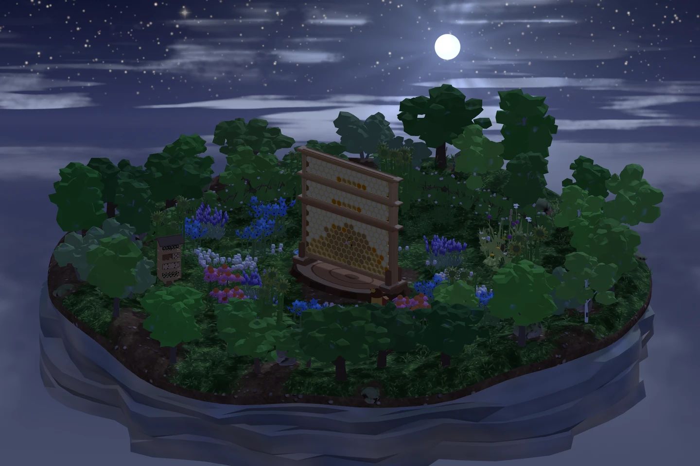 The meadow island at night under the moon