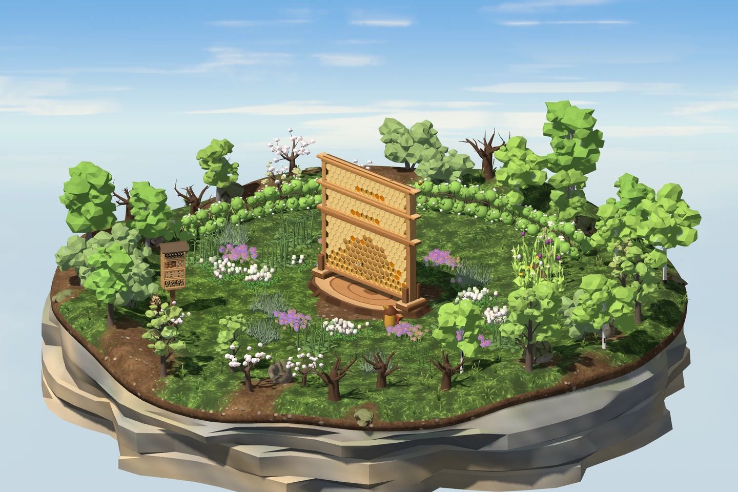 The meadow island in spring, fresh green with fruit trees in blossom