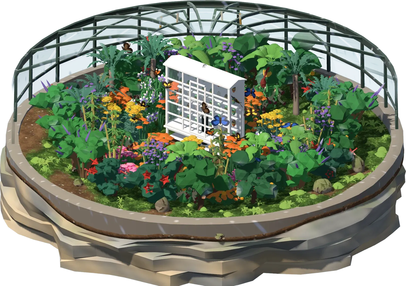 The vivarium: a round glasshouse on a floating island, with a white emergence house hung with chrysalises and butterflies among flowers