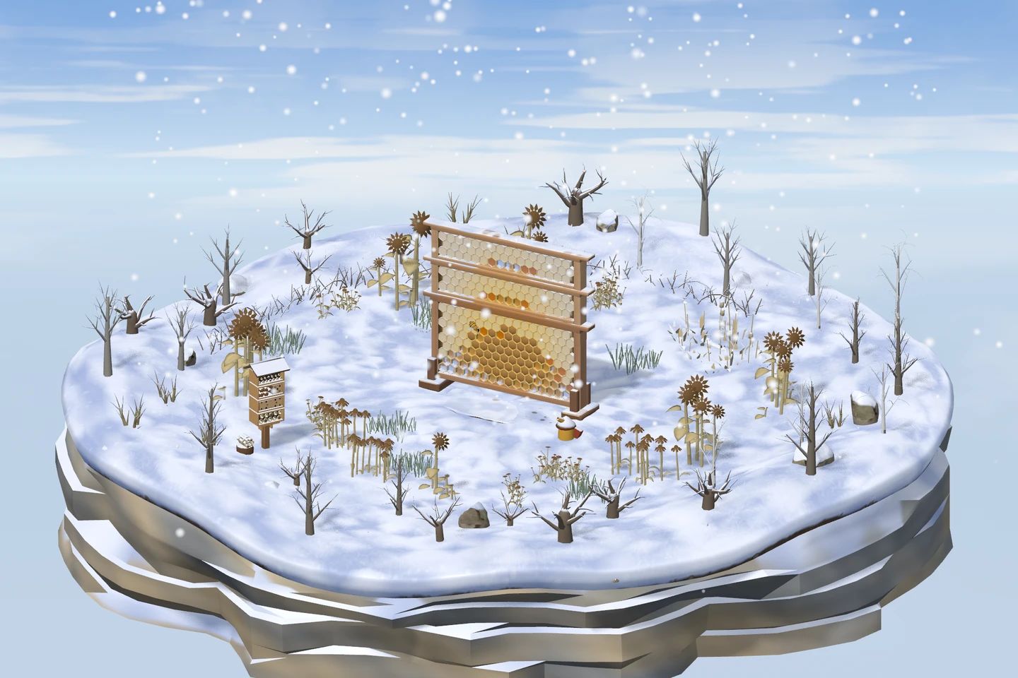 The meadow island in winter, under snow